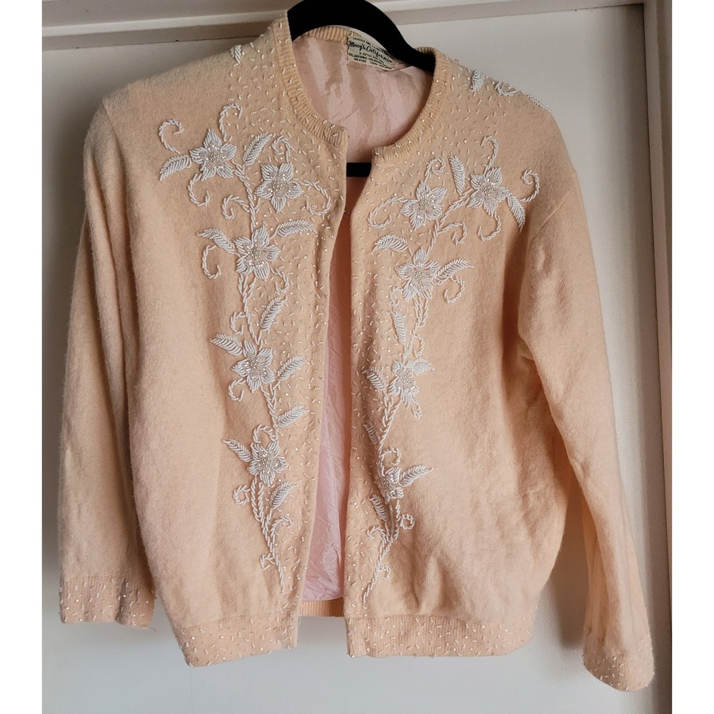 Macy's California Cardigan Peach Floral Angora Lambswool Vintage Women Sweater